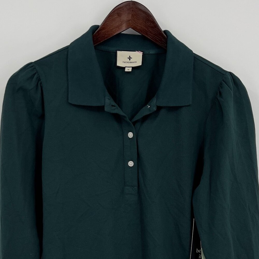 Tuckernuck Women’s June Bug Polo Green Cotton Top M Medium Puff Long Sleeve